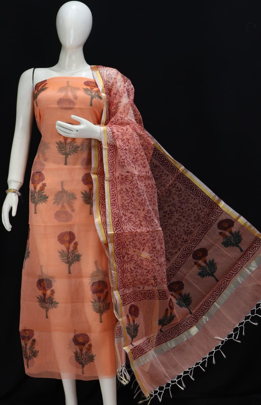 kota dress designs Light Classic Orange Base Floral Red design Printed Kota Doria Suit