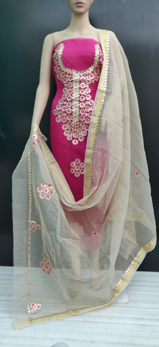 Pink Cotton Kotadoria Gotta Patti Work Dress Material main image 1