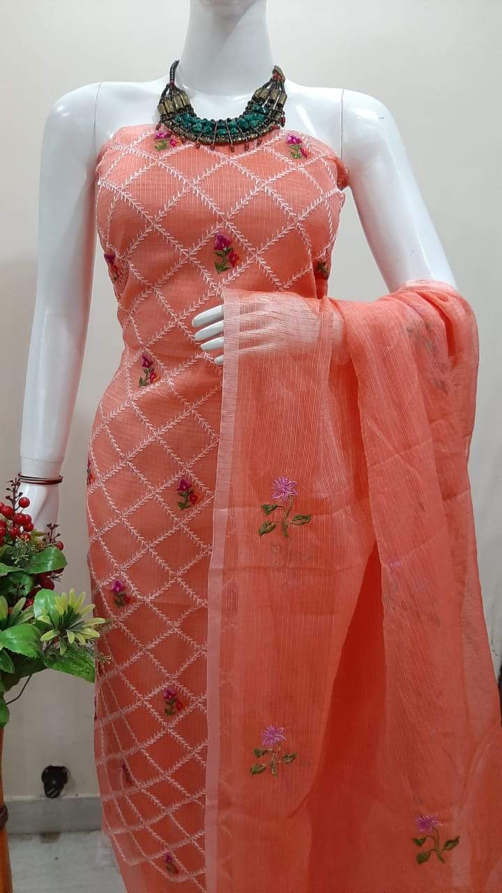 Peach Special Embroidery Dress Material