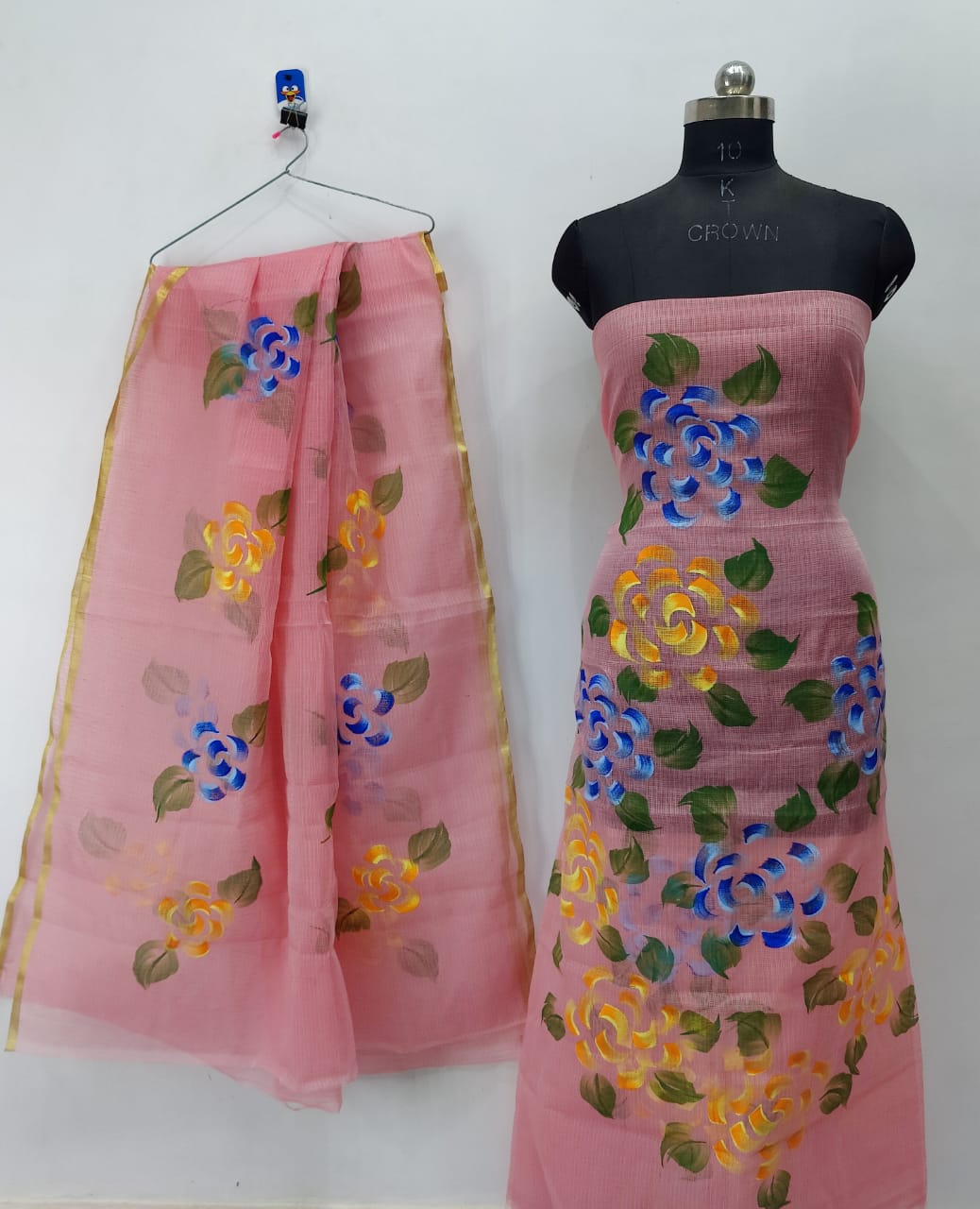 Pink With Yellow Flowery Spread Brush Paint Kotadoria Un-Stitched Suit With Dupatta