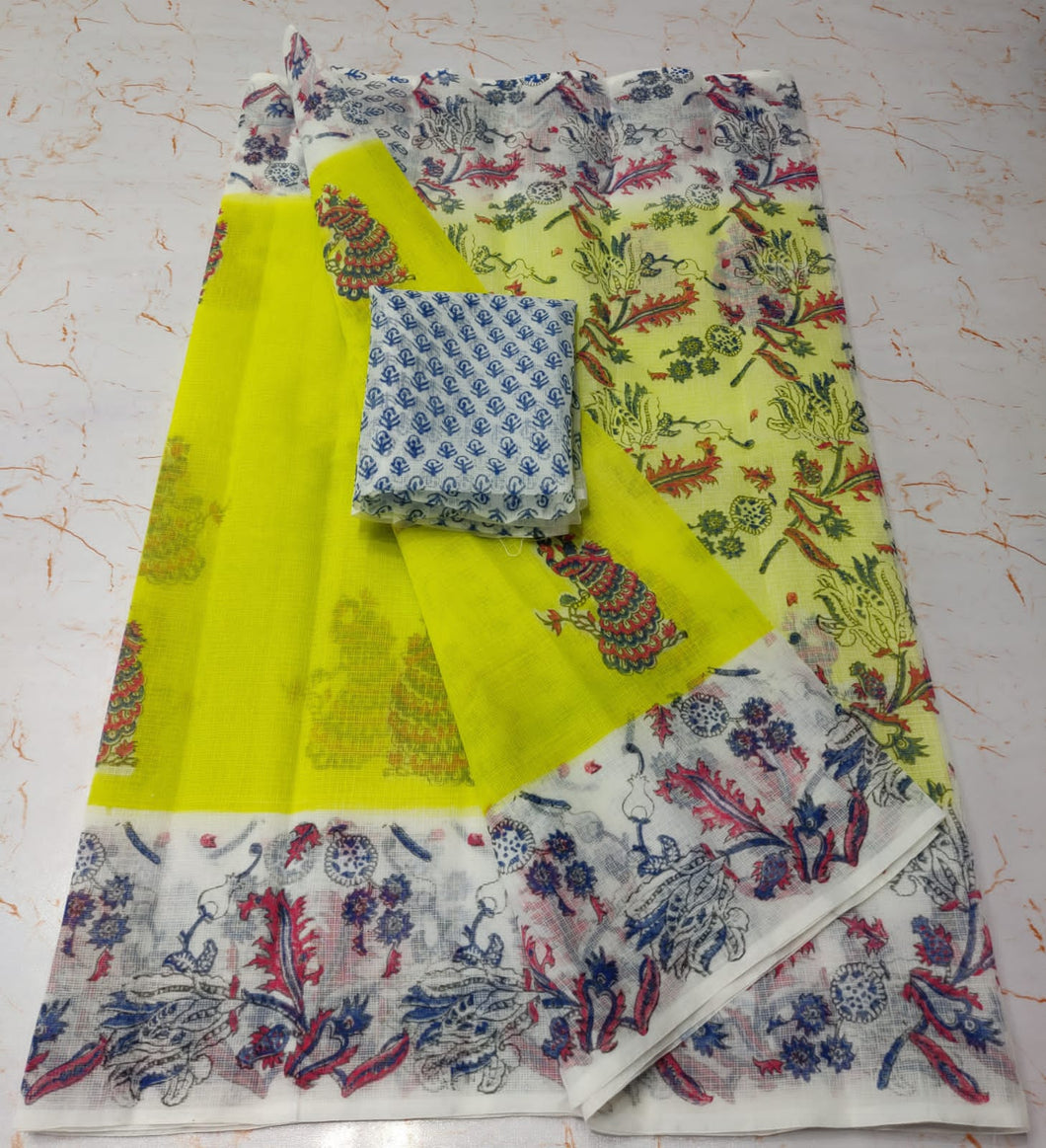 Fashionable Yellow KotaDoria Die Peafowl Block Printed Cotton Saree With Running Blouse