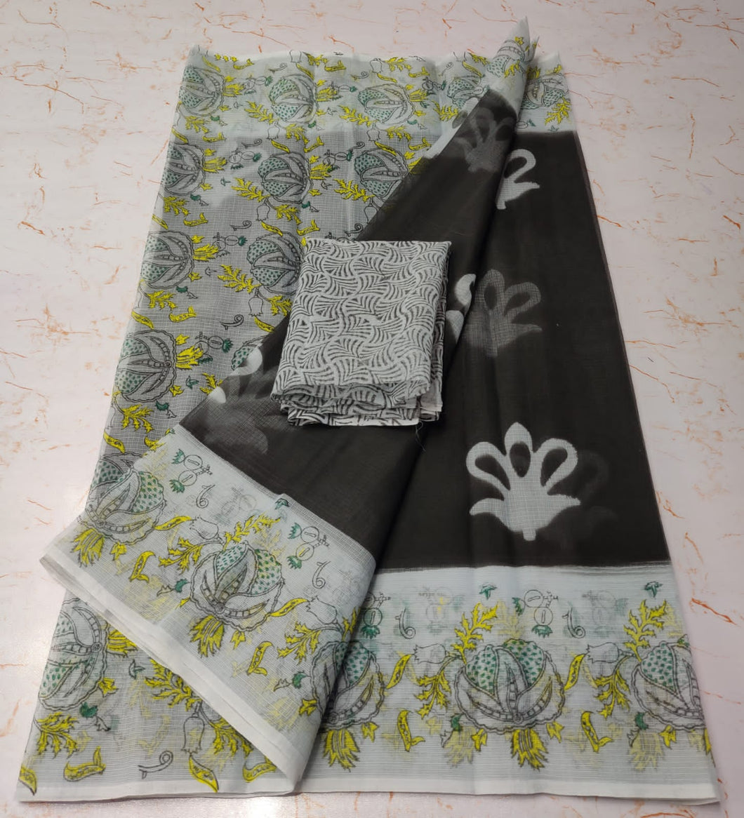 Fashionable Dark Grey KotaDoria Dye Block Printed Cotton Saree With Running Blouse