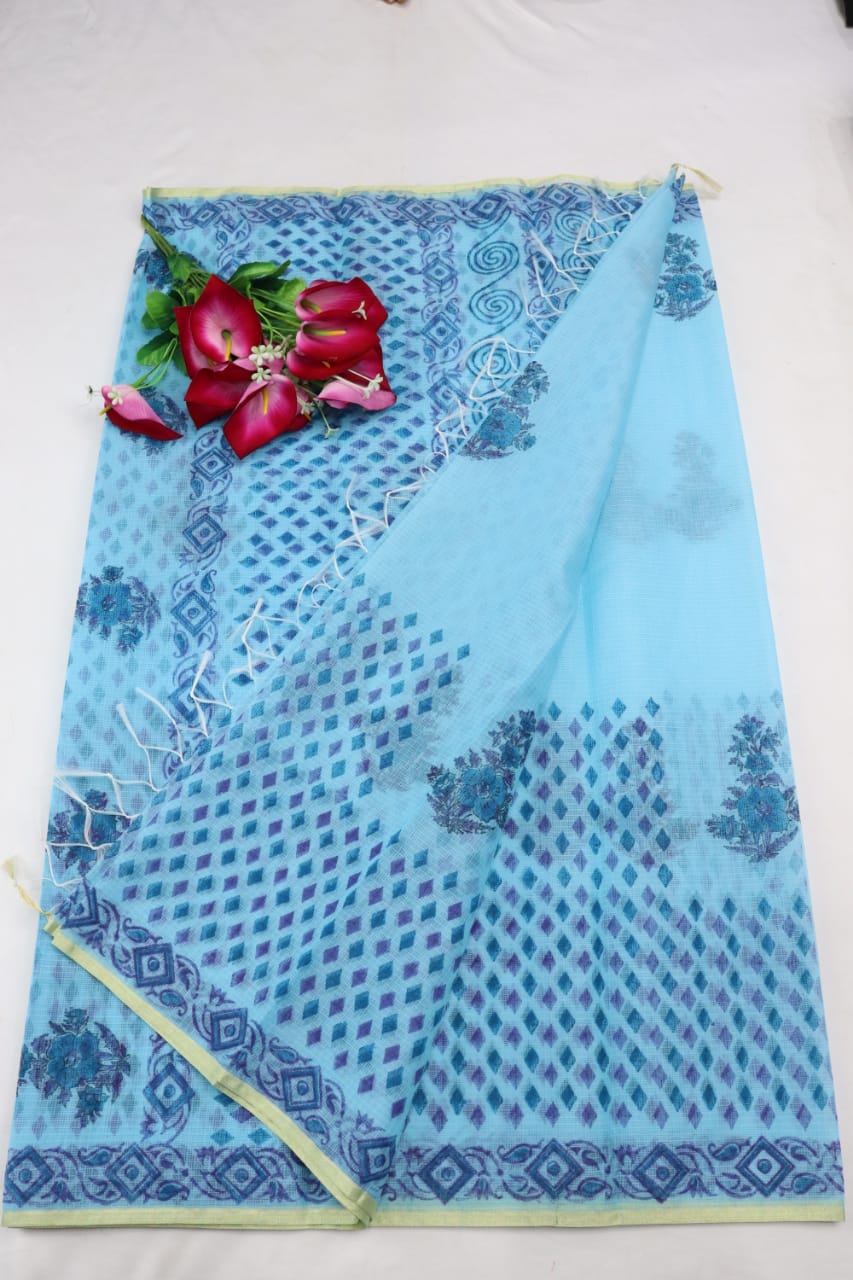 Blue Colored Modish KotaDoria Block Printed Cotton Saree With Running Blouse