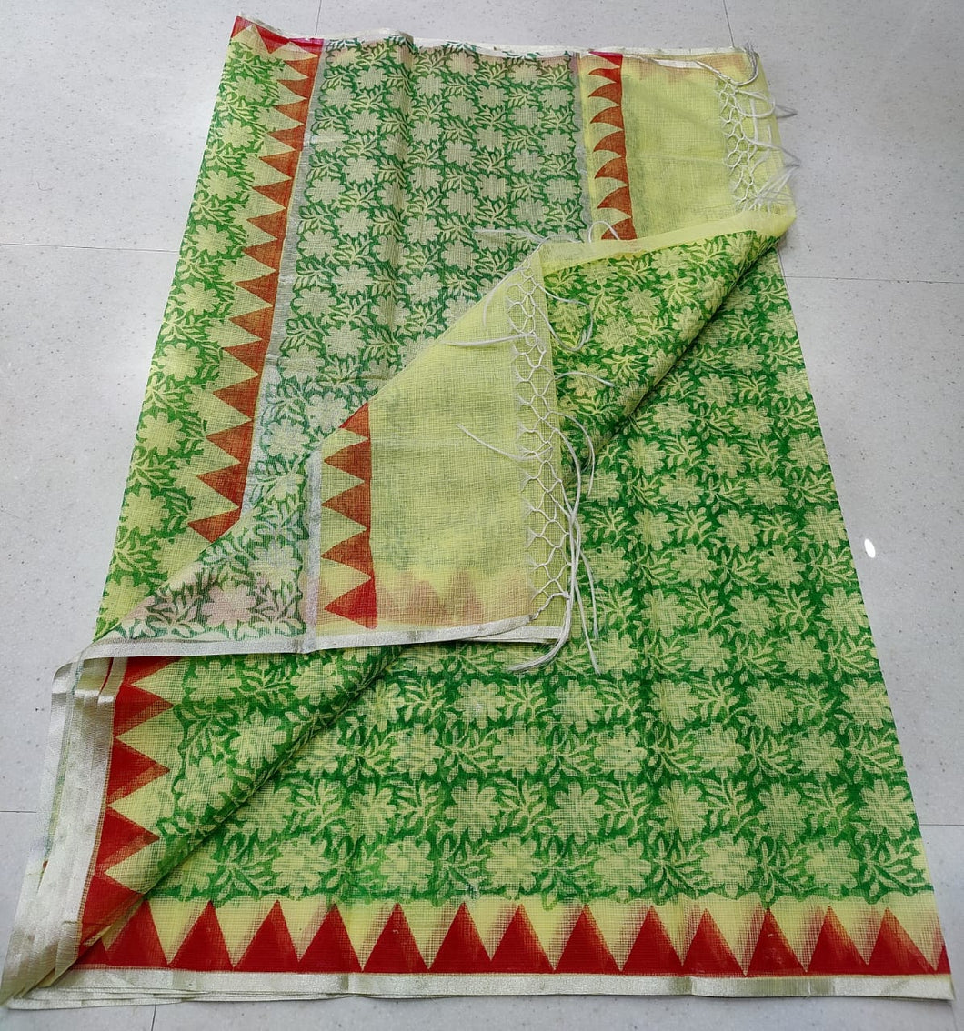 Modish Green Colored KotaDoria Block Printed Cotton Saree With Running Blouse