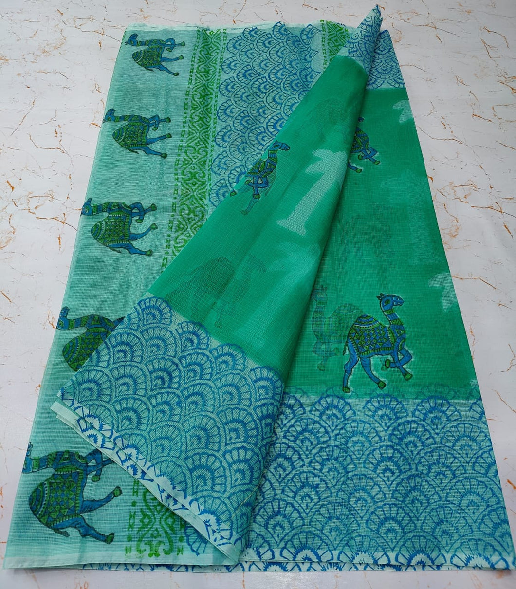 Exquisite Sea Green Colored KotaDoria Dye Camel Block Printed Cotton Saree With Running Blouse