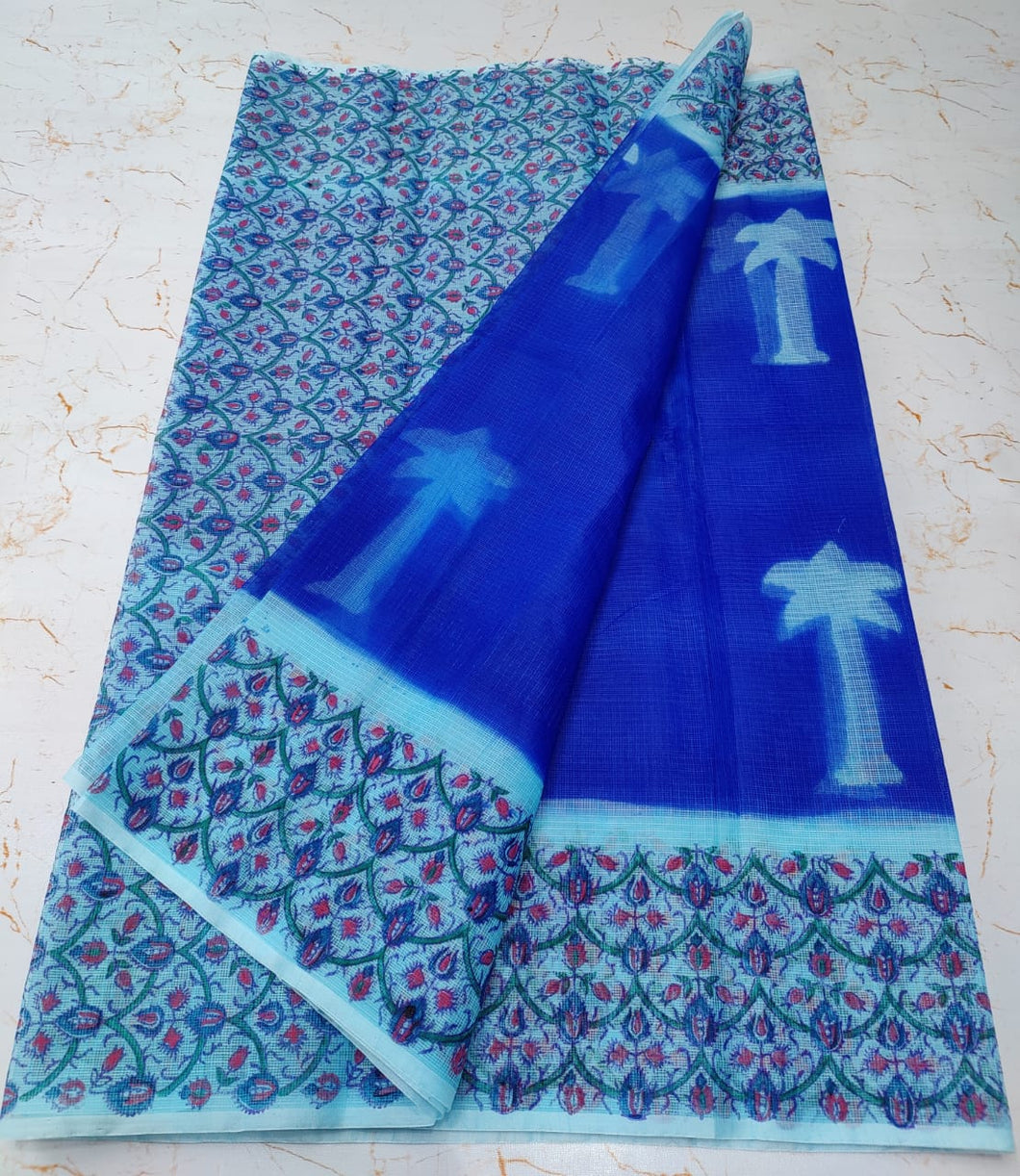 Exquisite Royal Blue Colored Tree KotaDoria Dye Block Printed Cotton Saree With Running Blouse