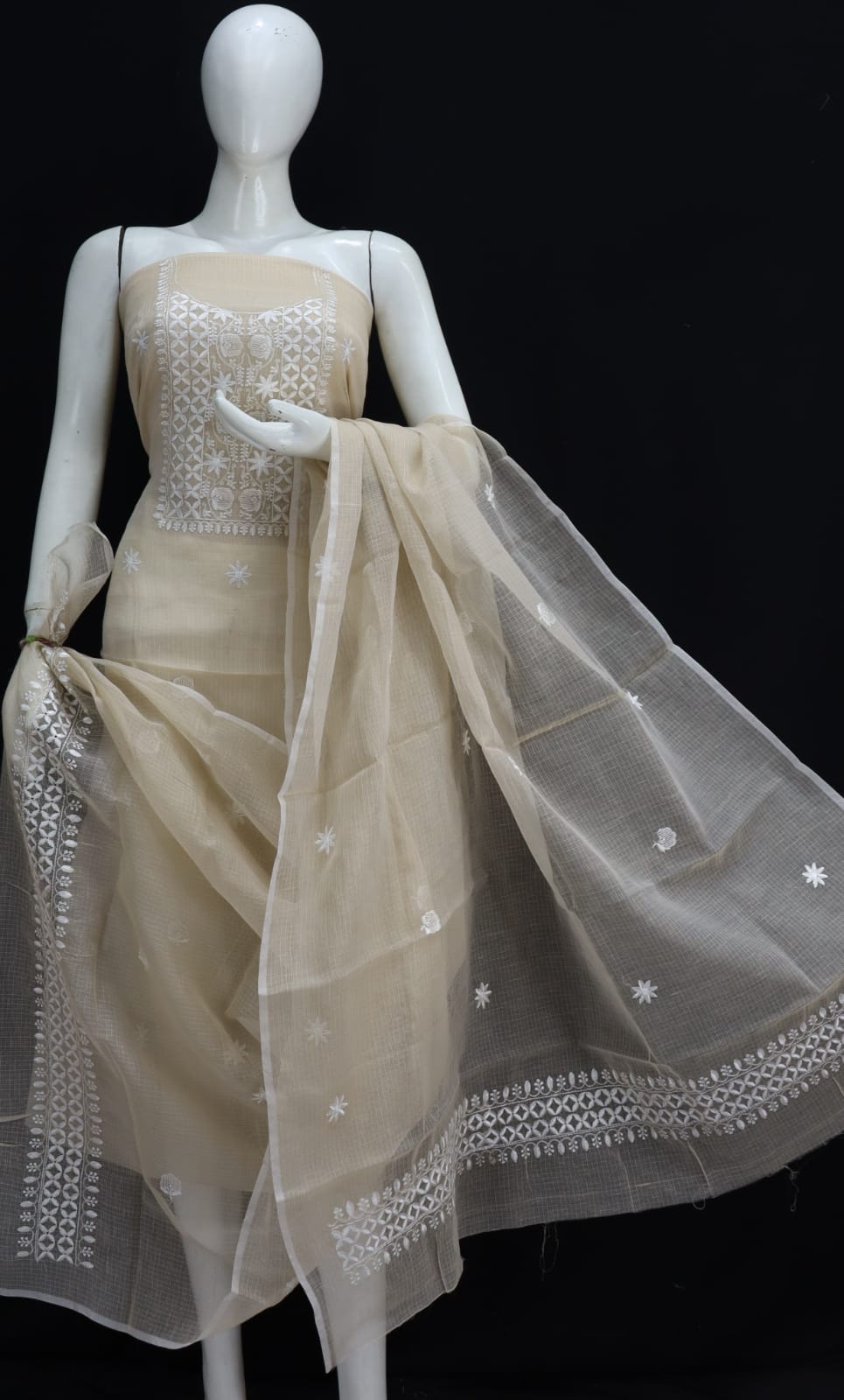 Grey Base White Thread Chikankari Embroidery Kota Doria Dress Material
