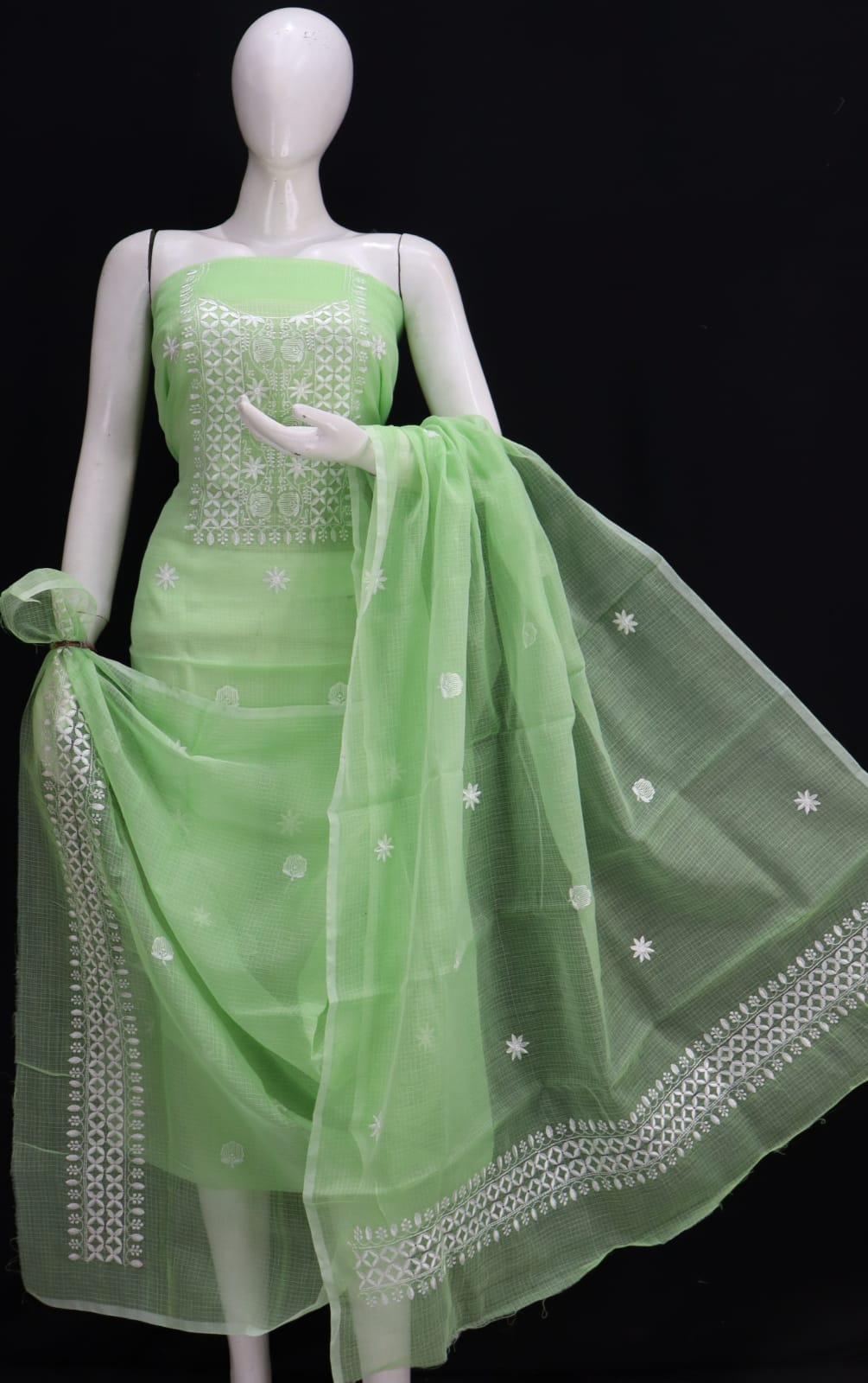 Green Pastel White Thread Chikankari Embroidery Dress Material
