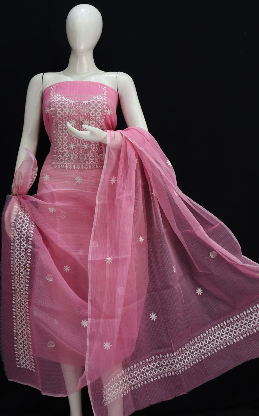 Pink Base White Thread Chikankari Embroidery Dress Material