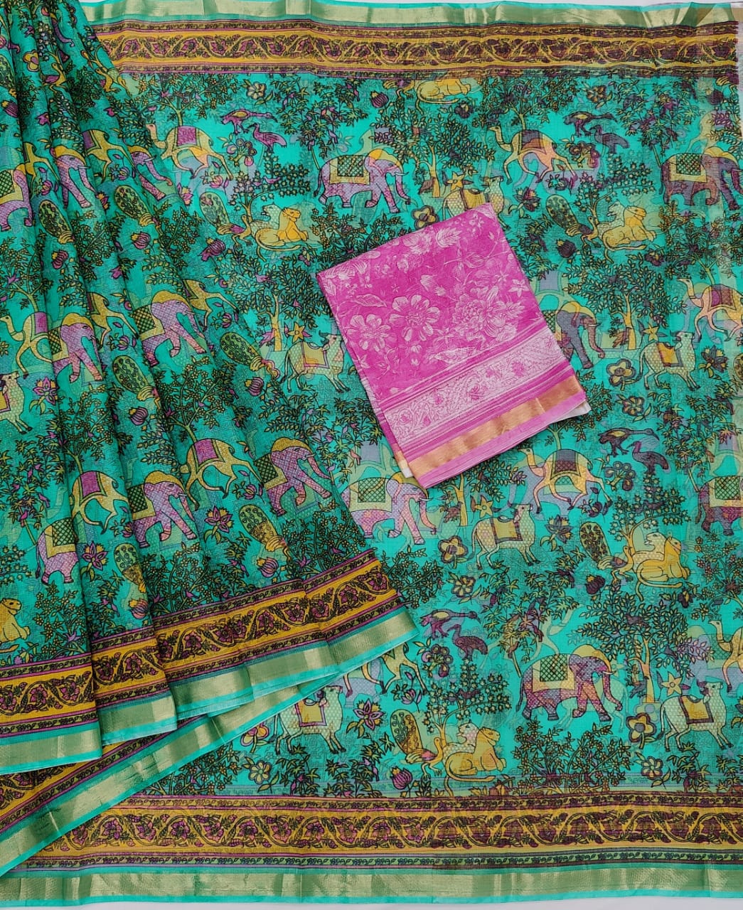 MultiColored KotaDoria Green Base Cluster Printed Silk Saree With Running Blouse