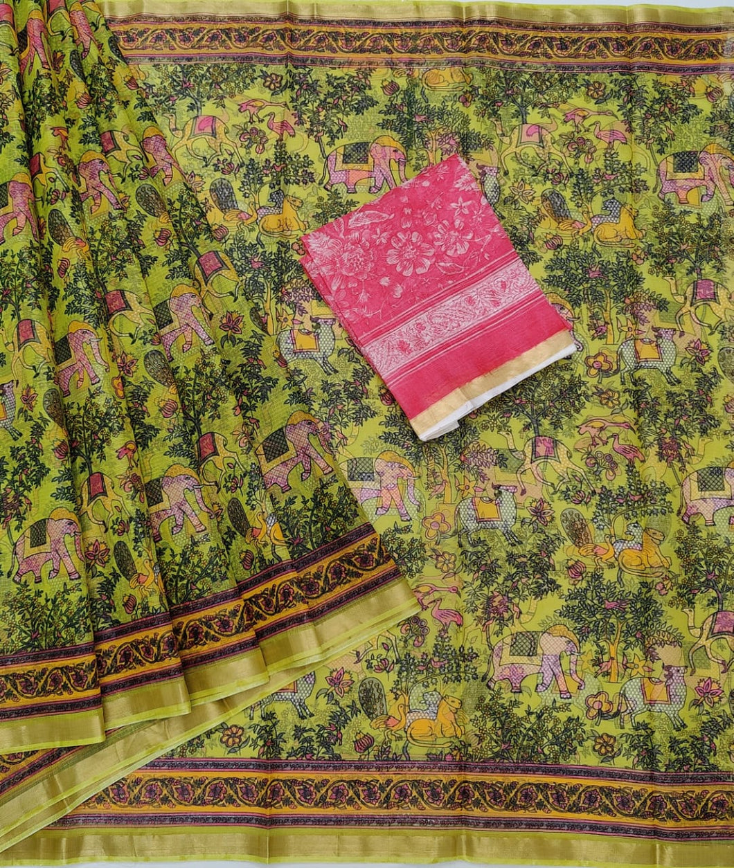 MultiColor KotaDoria Light Yellow Base Cluster Flower Printed Silk Saree With Running Blouse