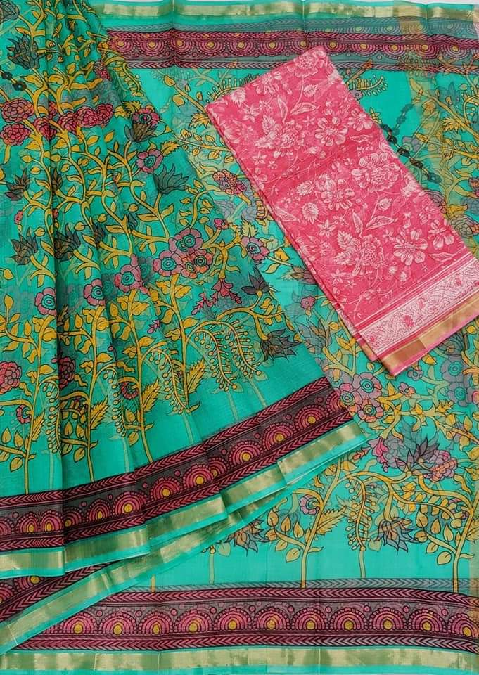 KotaDoria Light Classic Green Base Multicolored Flower Printed Silk Saree With Pink Running Blouse