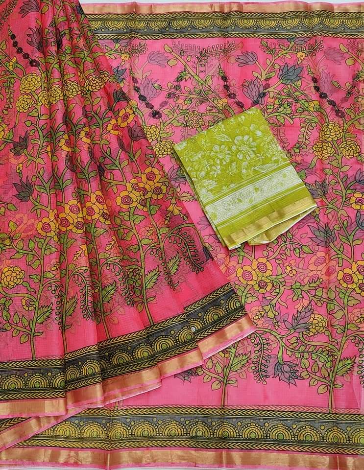 MultiColored KotaDoria Pink Base Printed Silk Saree With Running Blouse