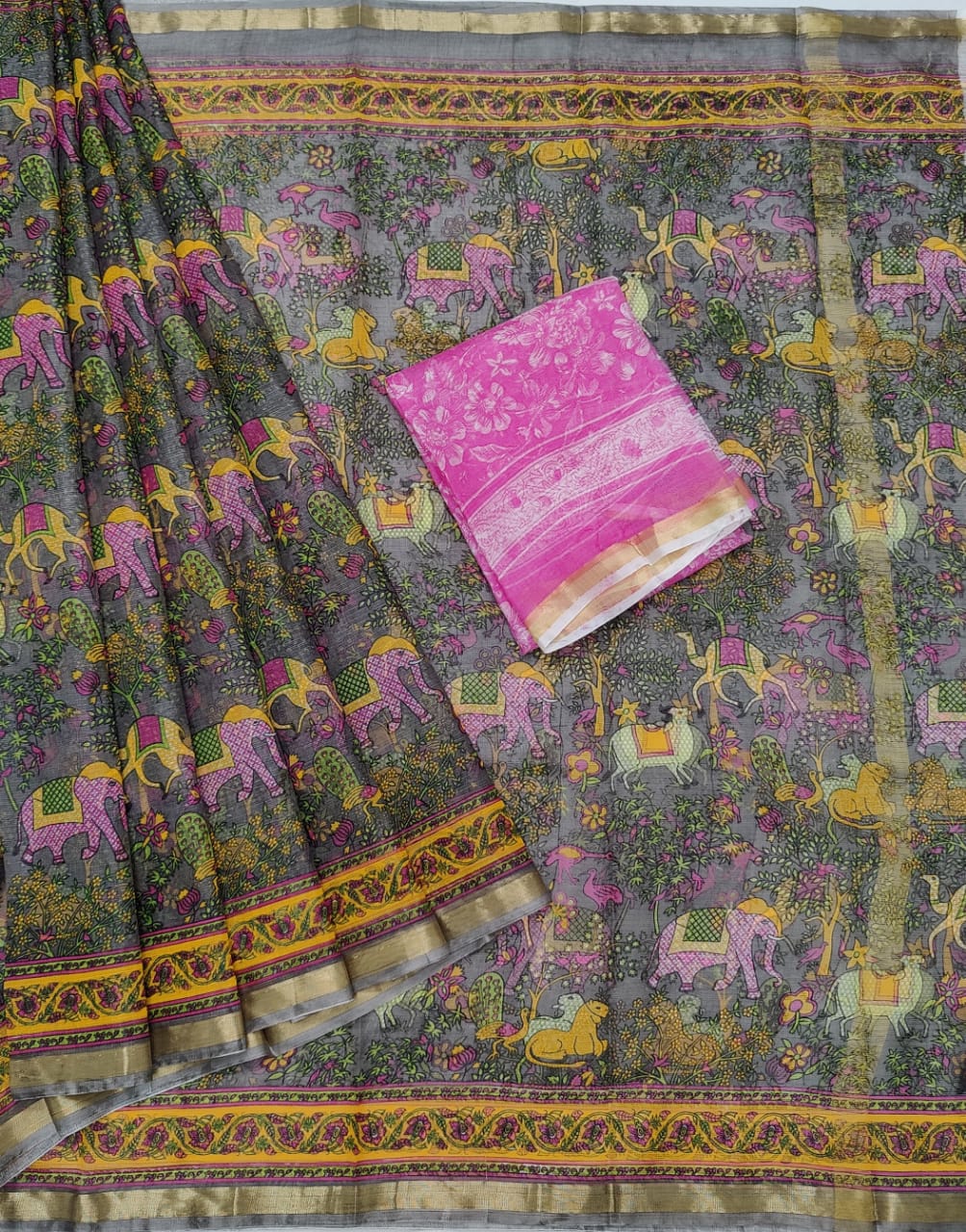 MultiColored KotaDoria Grey Base Hathi Printed Silk Saree With Running Blouse