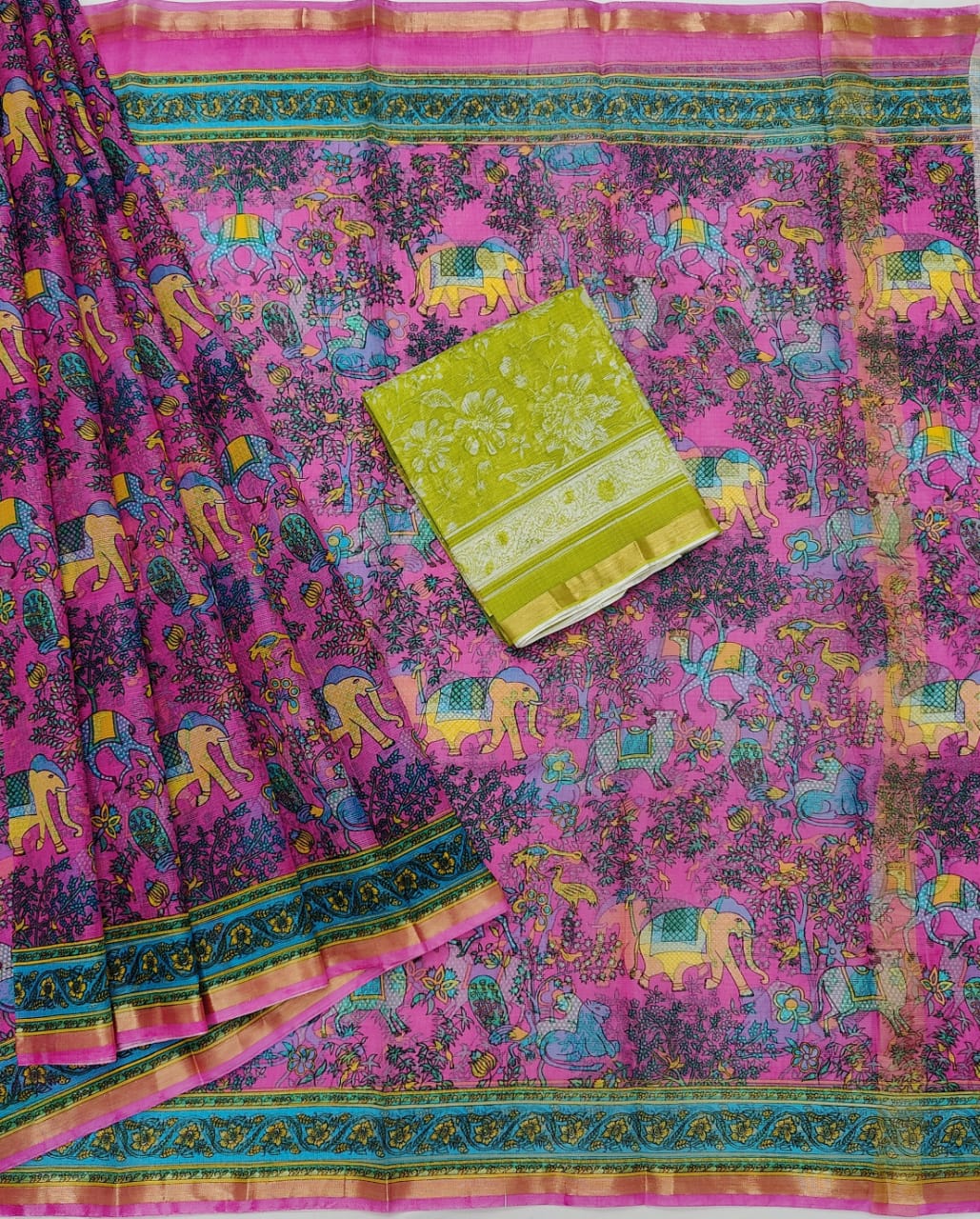 MultiColored KotaDoria Pink Base Hathi Printed Silk Saree With Running Blouse