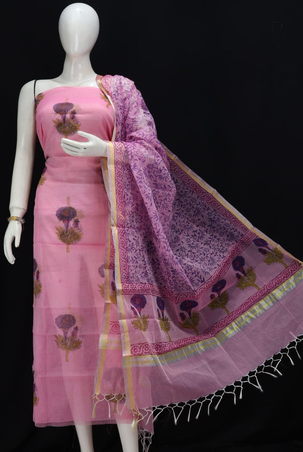 Light Classic Pink Base Floral design Printed Kota Doria Suit