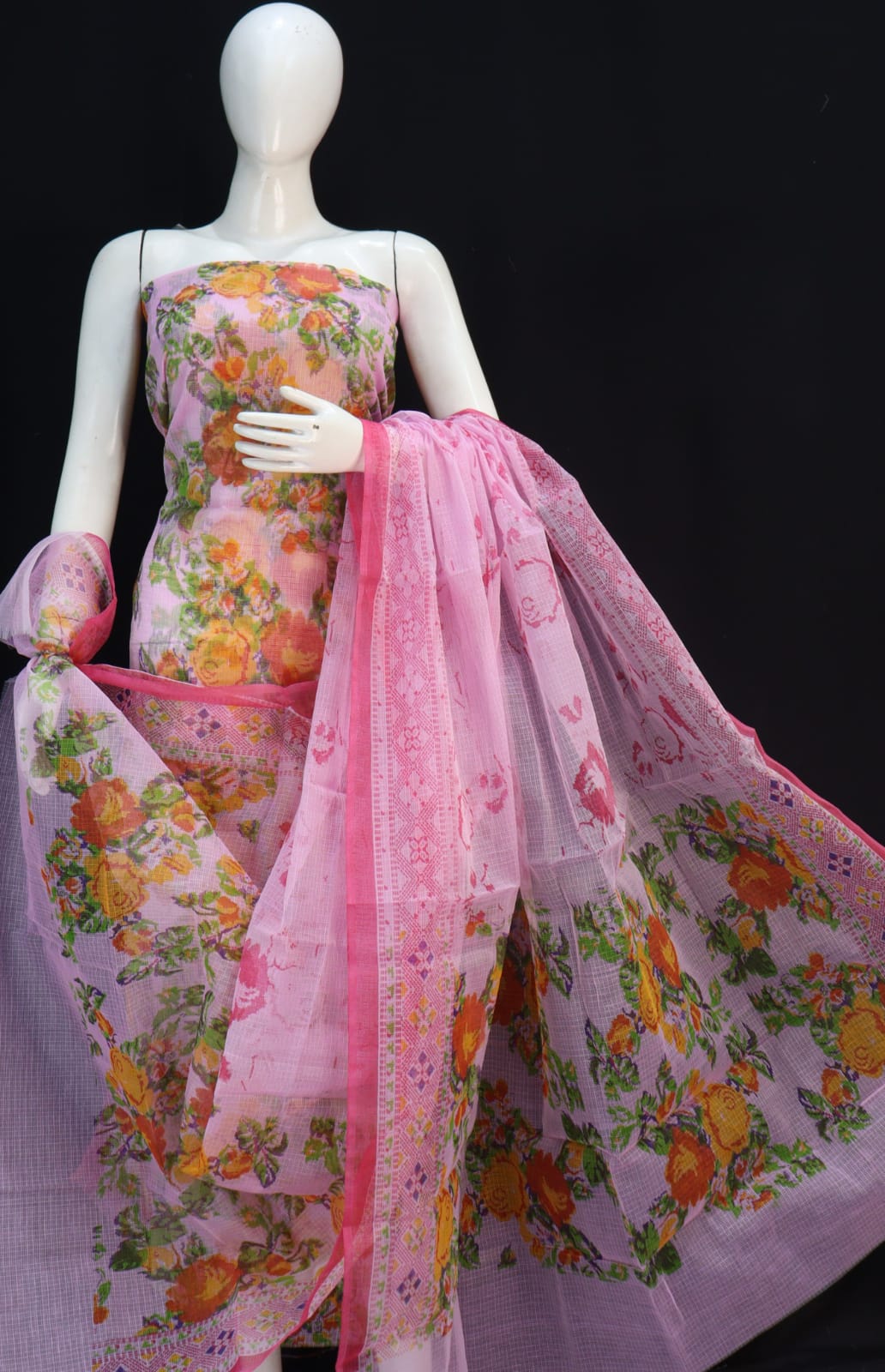 Fully Classic Pink Cluster Flower Printed Kota Doria Suit