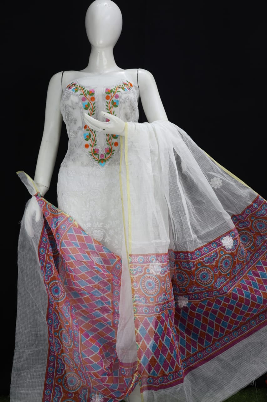White Chikankari Embroidery Dress Material