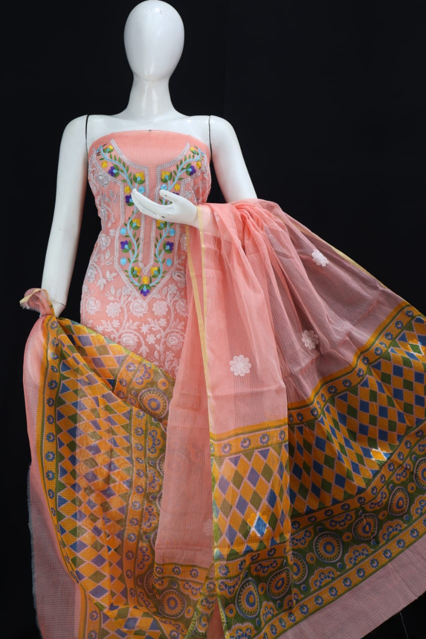 Peach Chikankari Embroidery Dress Material
