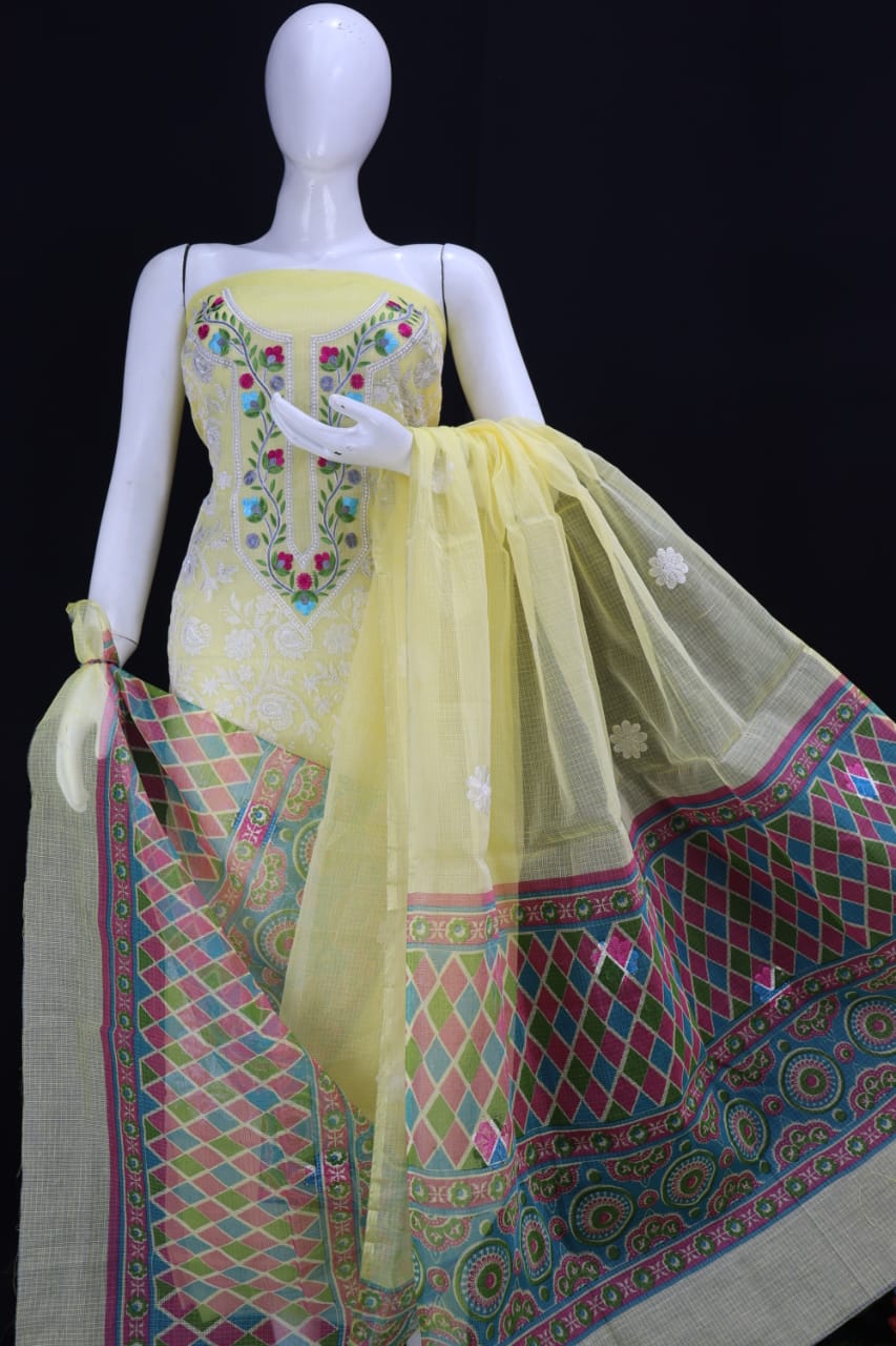 Yellow Chikankari Embroidery Dress Material
