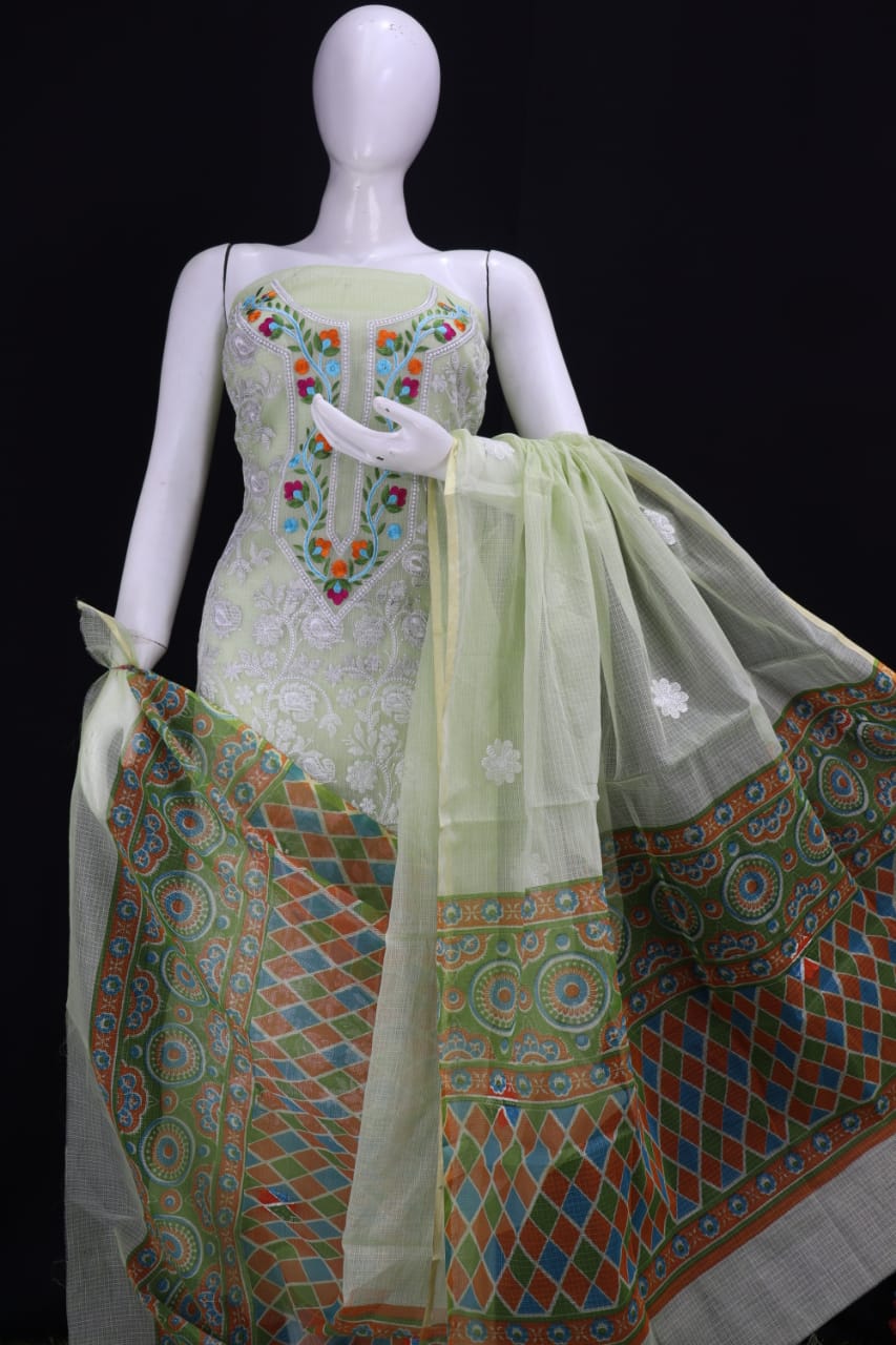 Green Chikankari Embroidery Dress Material