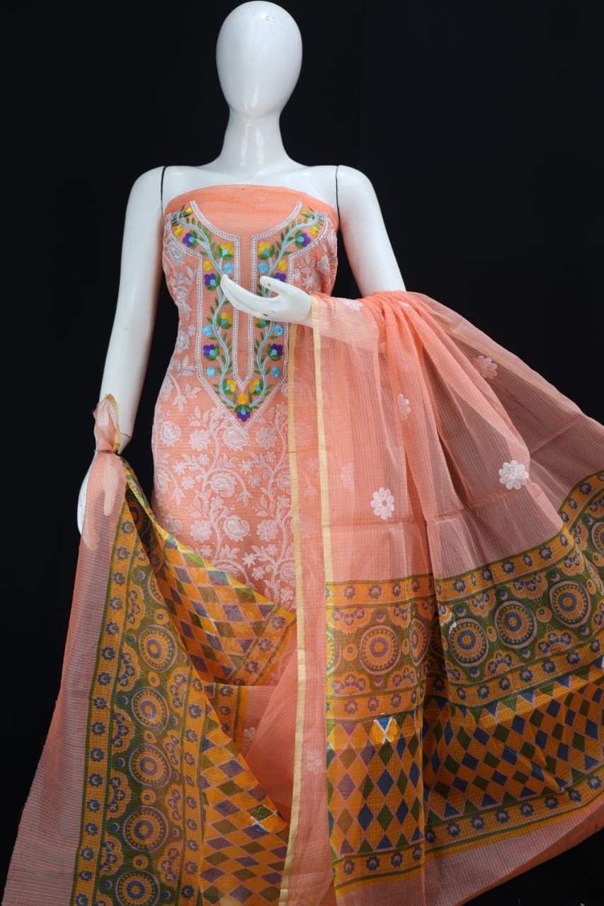 Orange Chikankari Embroidery Dress Material