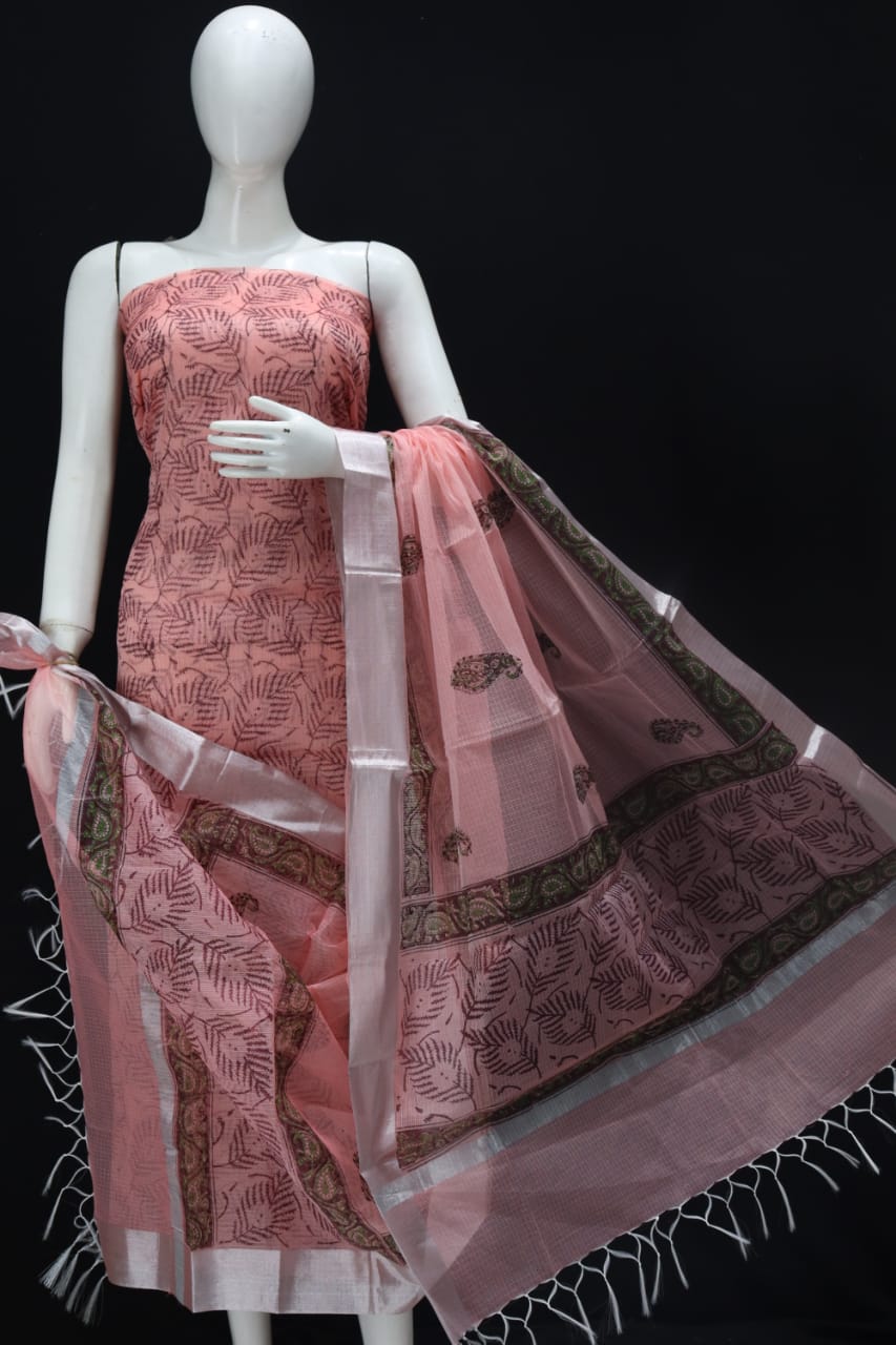 Peach Classic Block Printed Kota Doria Cotton Fabric Dress Material