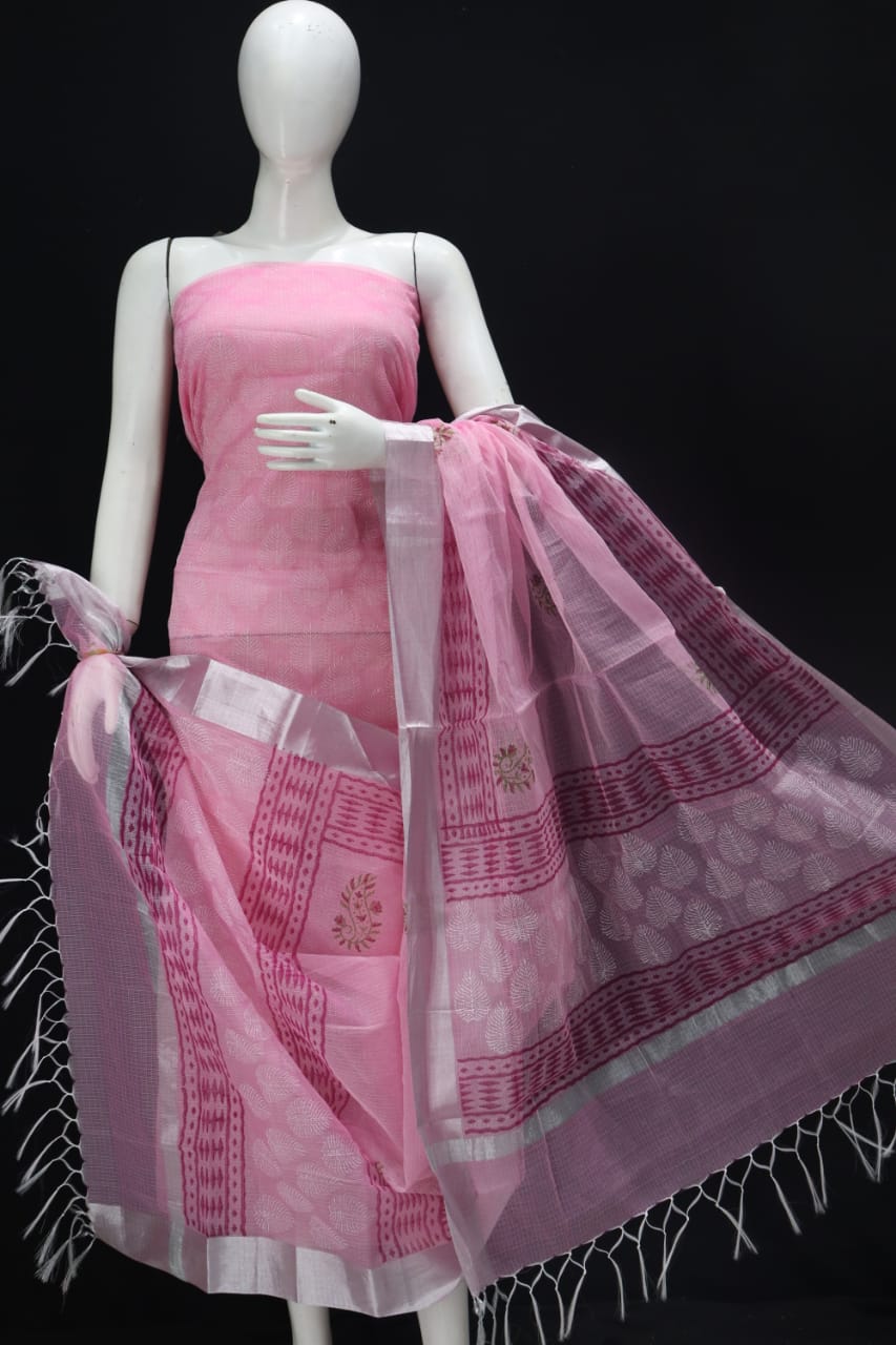 Leaflet Pink Block Printed Kota Doria Cotton Fabric Dress Material