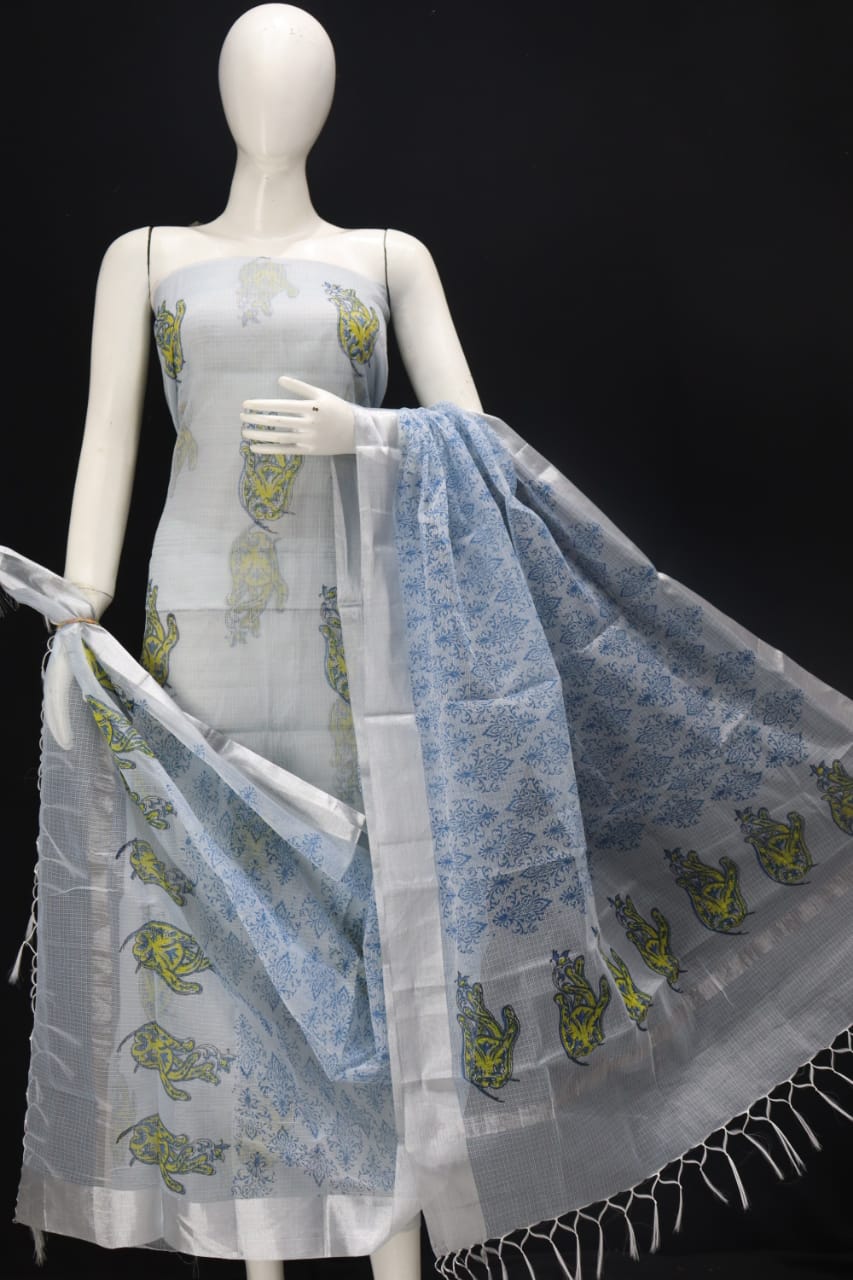 White Block Printed Kota Doria Cotton Fabric Dress Material