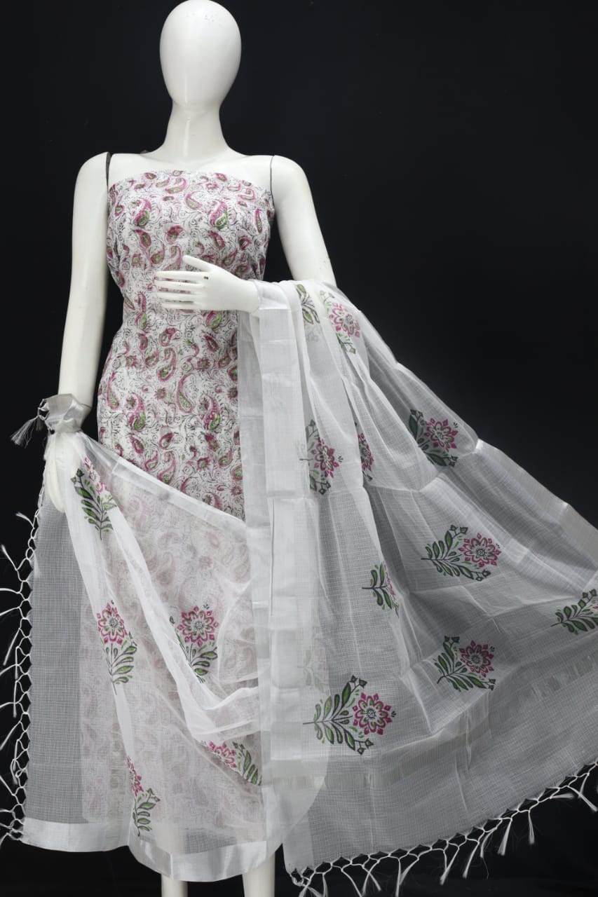 Leaflet White Block Printed Kota Doria Cotton Fabric Dress Material