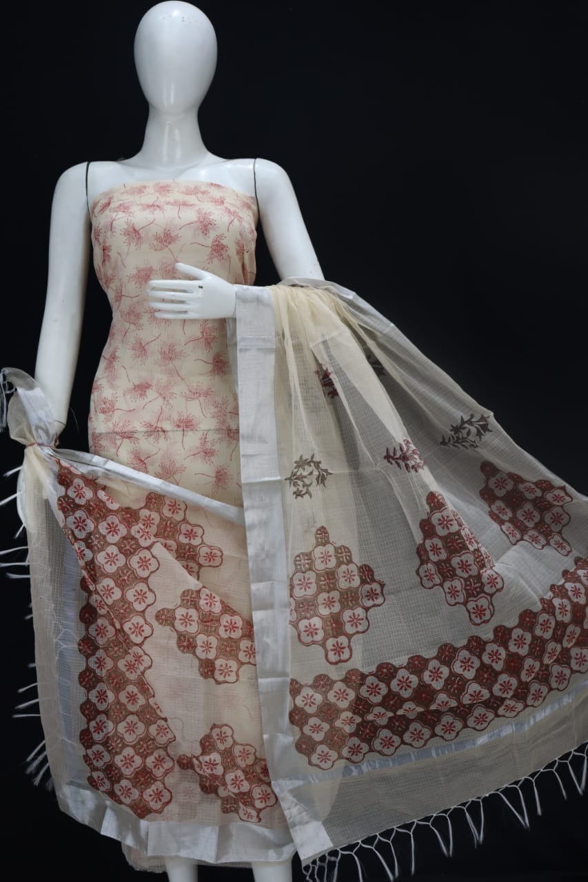 Cream Block Printed Kota Doria Cotton Fabric Dress Material