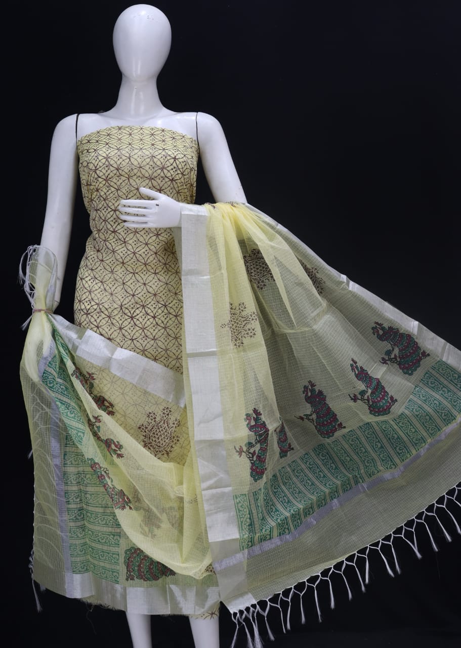 Yellow Striped Block Printed Kota Doria Cotton Fabric Dress Material