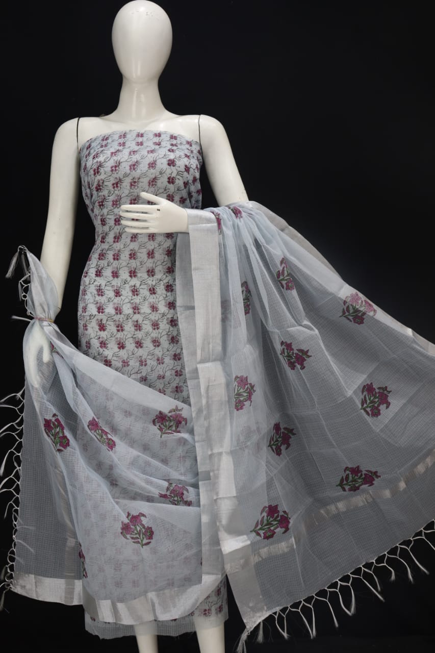 Greyish Block Printed Kota Doria Cotton Fabric Dress Material
