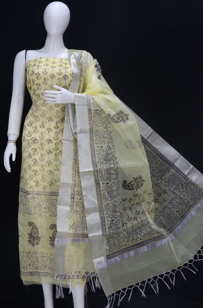 Decent Yellow Block Printed Kota Doria Cotton Fabric Dress Material