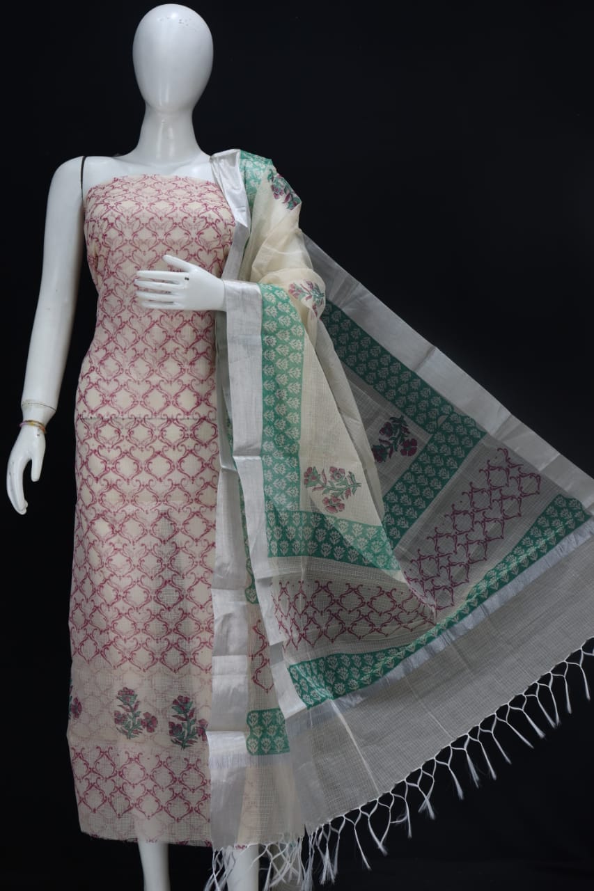 Elegant Pink Block Printed Kota Doria Cotton Fabric Dress Material