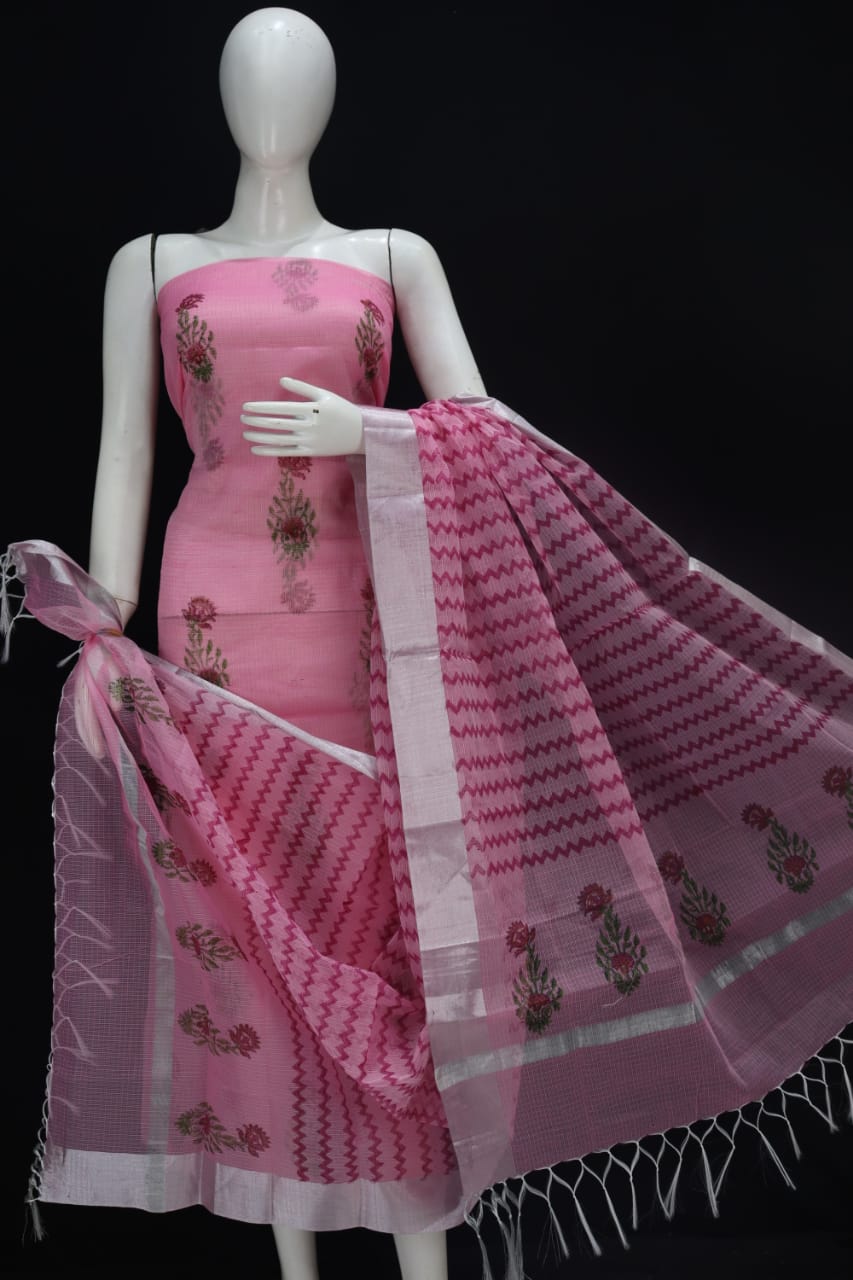 Superior Pink Block Printed Kota Doria Cotton Fabric Dress Material