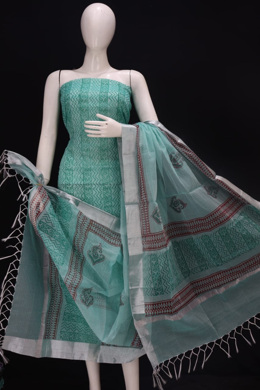 Superior Mint Block Printed Kota Doria Cotton Fabric Dress Material