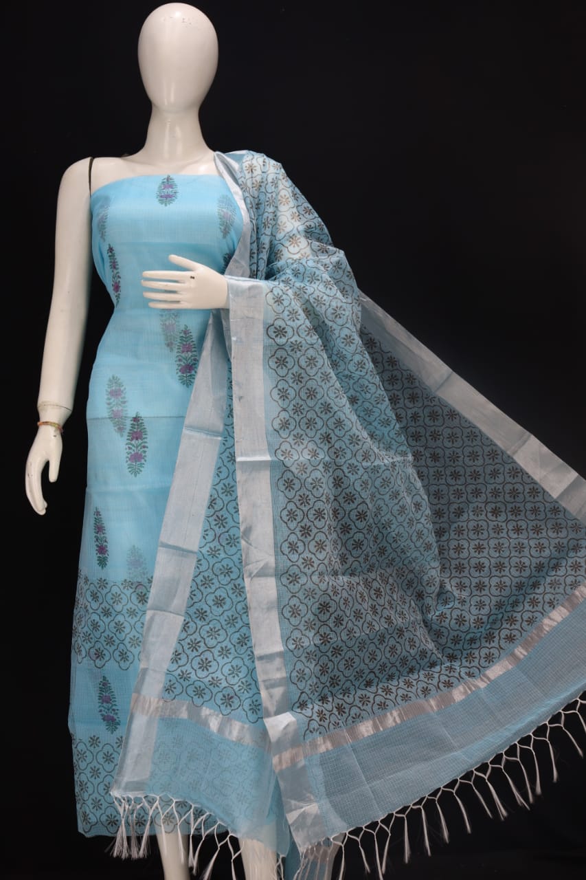 Superior Sky Blue Block Printed Kota Doria Cotton Fabric Dress Material