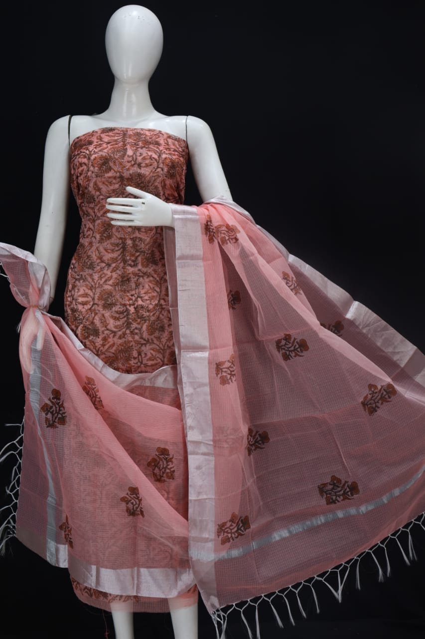 Superior Cantaloupe Block Printed Kota Doria Cotton Fabric Dress Material