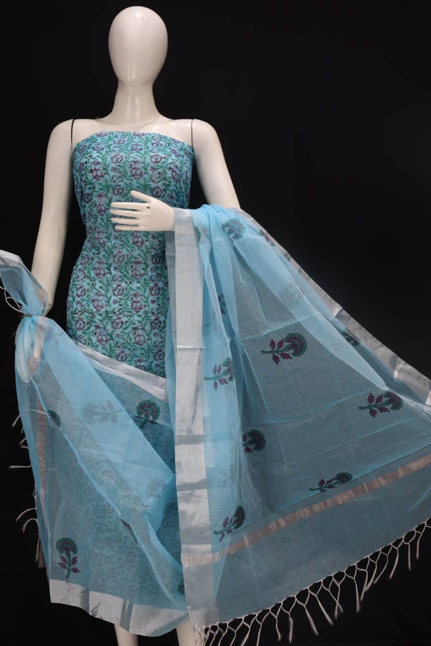 Sky Blue Block Printed Kota Doria Cotton Fabric Dress Material