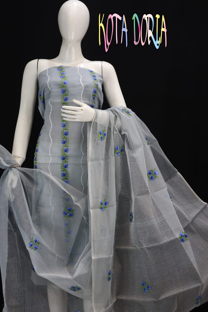 Greyish Kota Doria Embriodery Work Dress Material