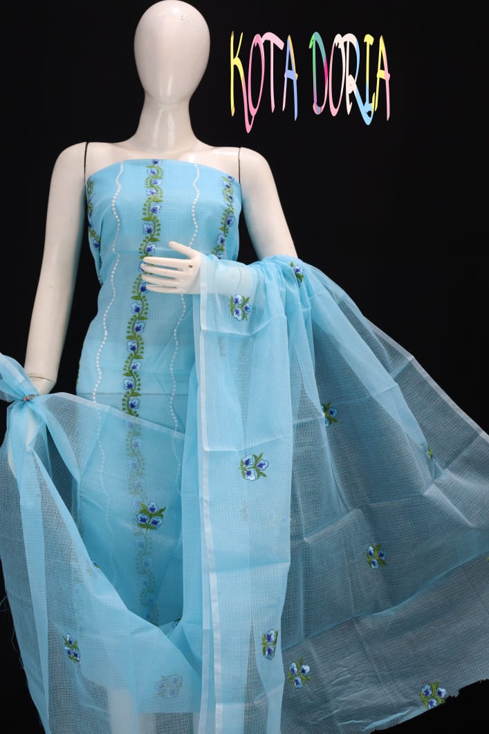 Blue Kota Doria Embriodery Work Dress Material