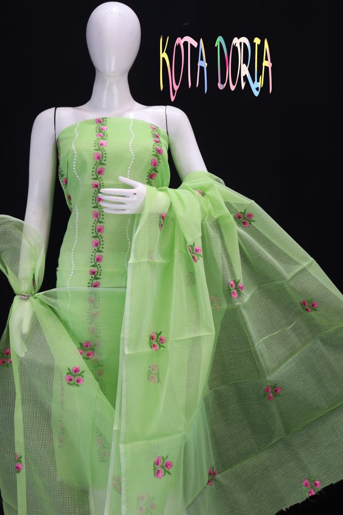 Light Green Kota Doria Embriodery Work Dress Material