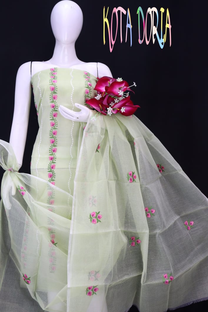 Light Mint Kota Doria Embriodery Work Dress Material