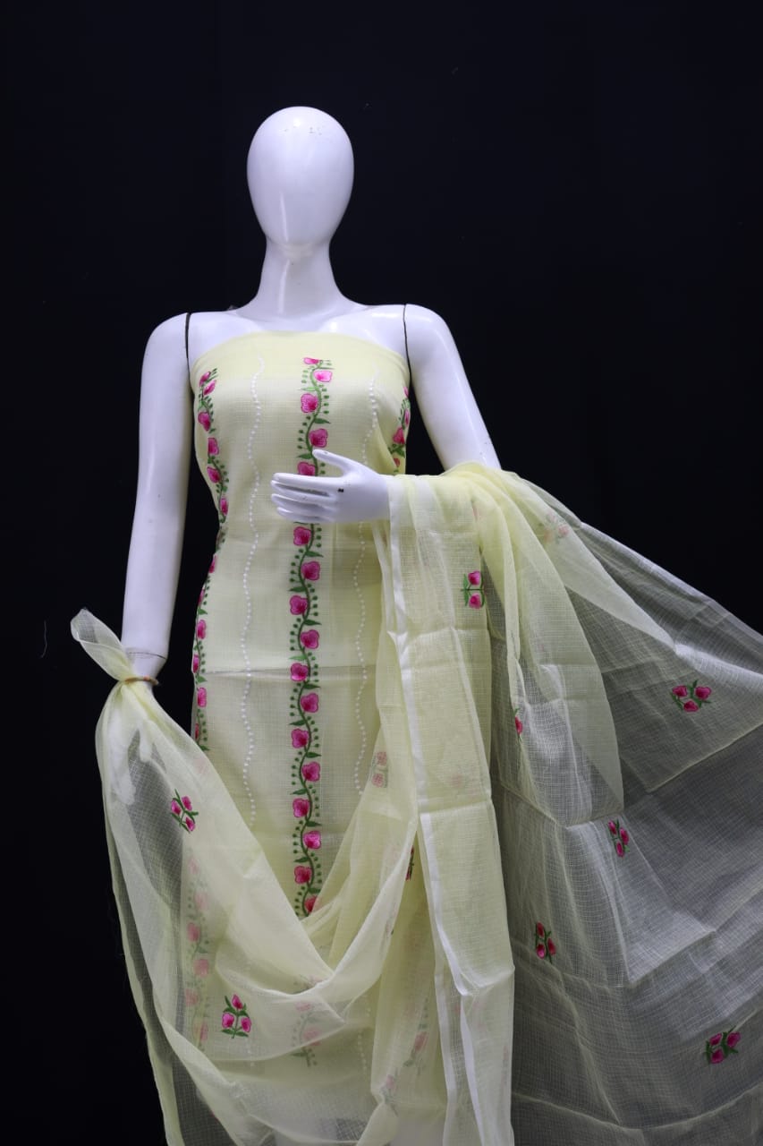 Light Yellow Kota Doria Embriodery Work Dress Material