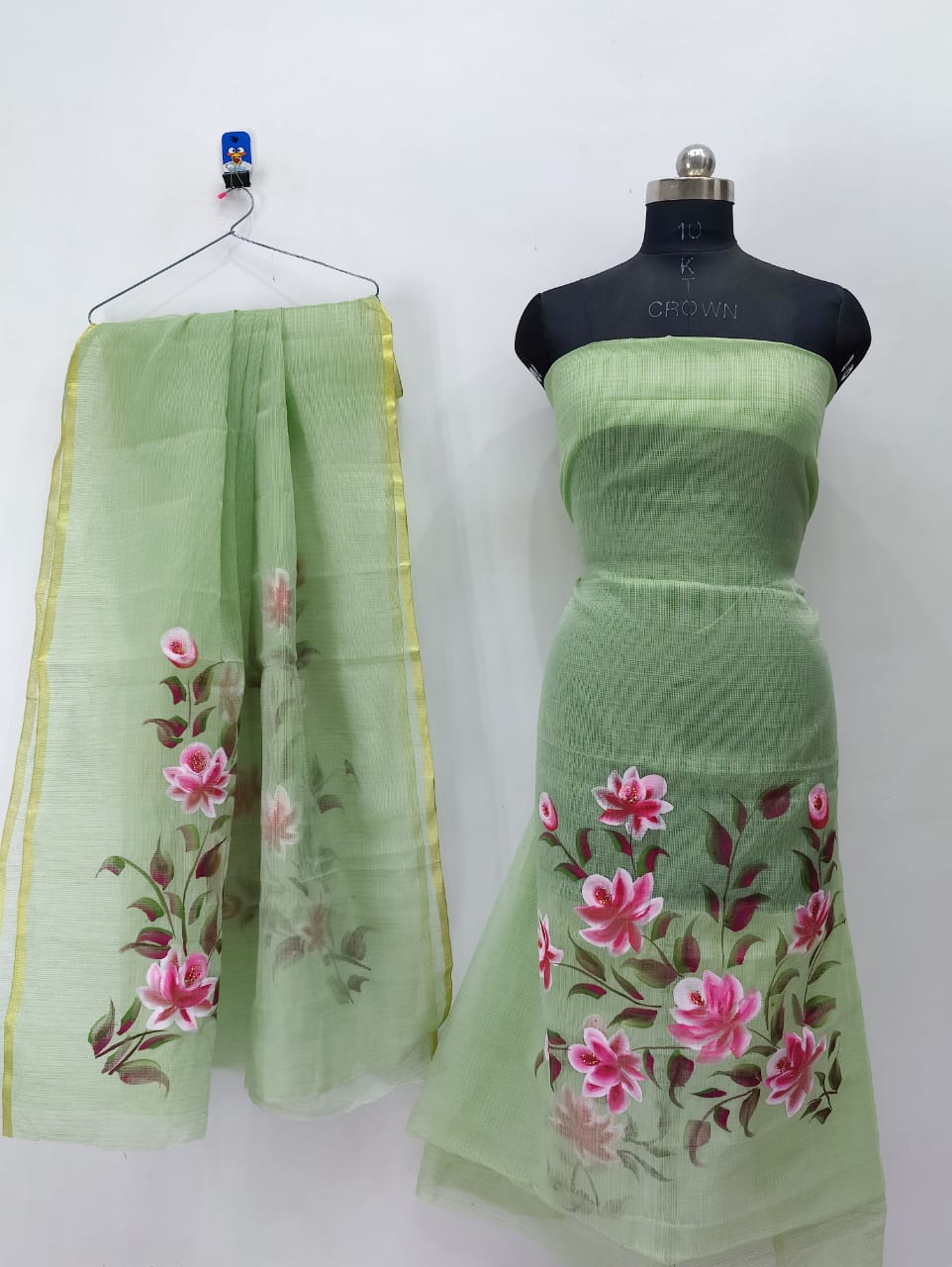 Light Mint Colored Flowery Brush Paint Kotadoria Un-Stitched Suit With Dupatta