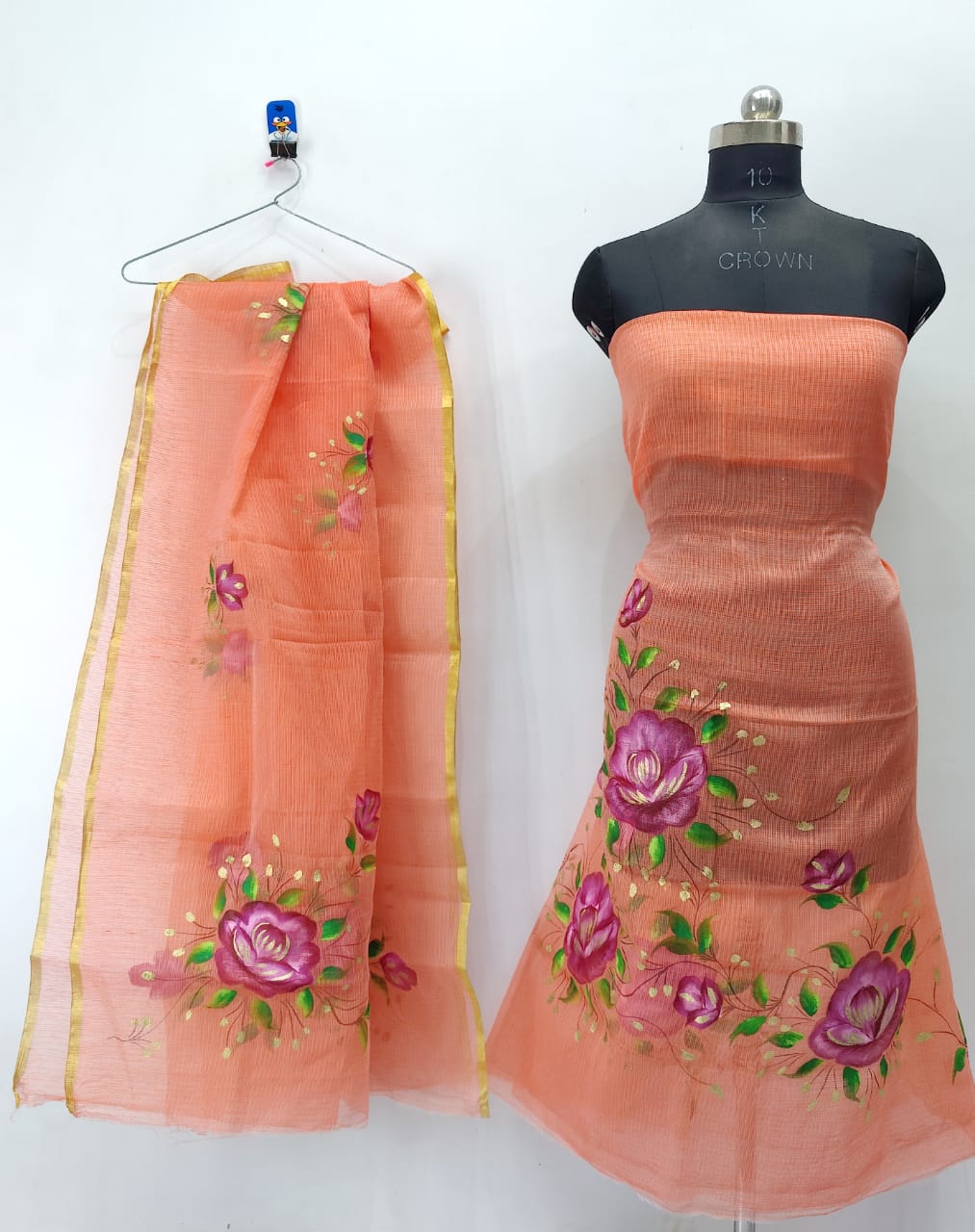 Orange Flowery and Pink Leafy Brush Paint Kotadoria Un-Stitched Suit With Dupatta