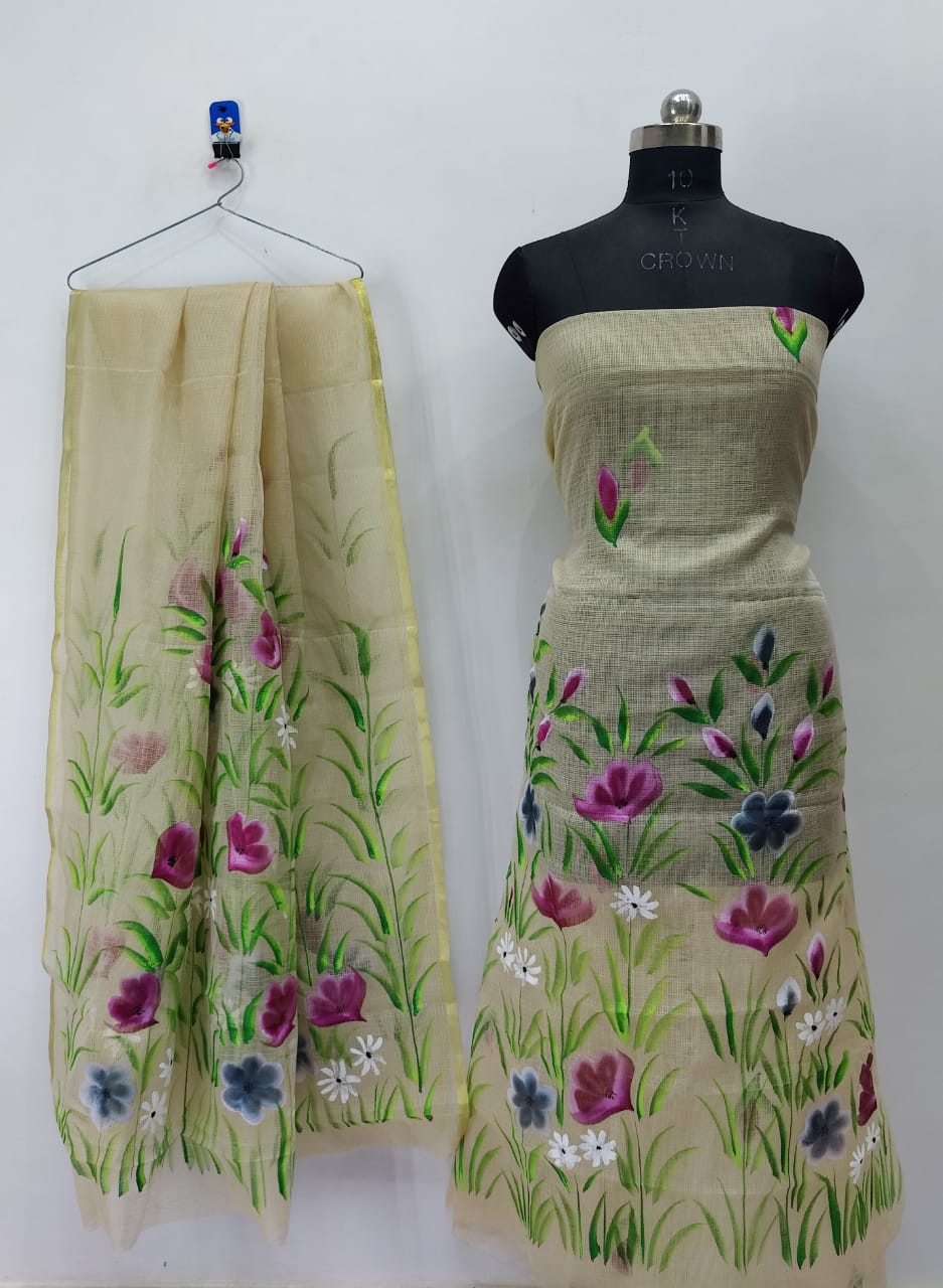 Grassy Green Floral Cream Brush Paint Kotadoria Un-Stitched Suit With Dupatta