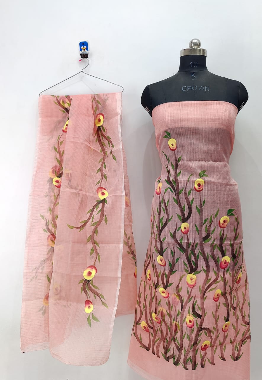 Pink Slay Striped Leafy Brush Paint Kotadoria Un-Stitched Suit With Dupatta
