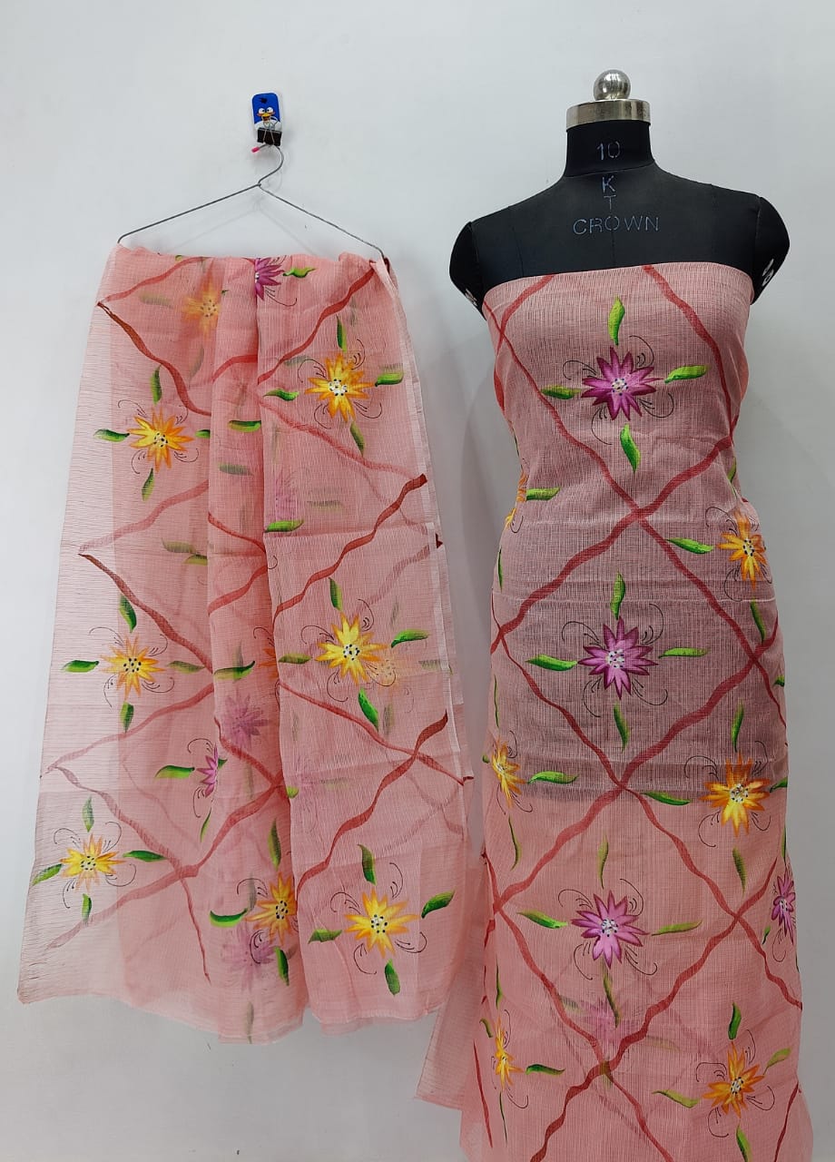Cross Striped Floral Block Brush Paint Kotadoria Un-Stitched Suit With Dupatta